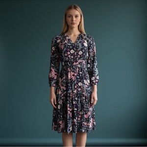 LOFT Lovely Multi Colored Floral Navy A line Women’s Dress